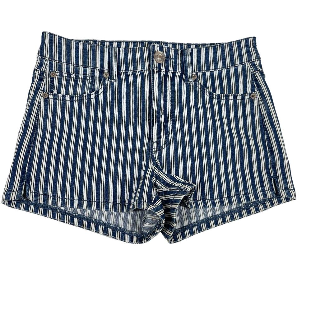 American Eagle Hi-Rise Shortie Shorts Women's Size 4 Blue Denim Striped Stretch